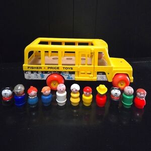 Vintage Fisher-Price Little People Yellow Bus With Many Play People